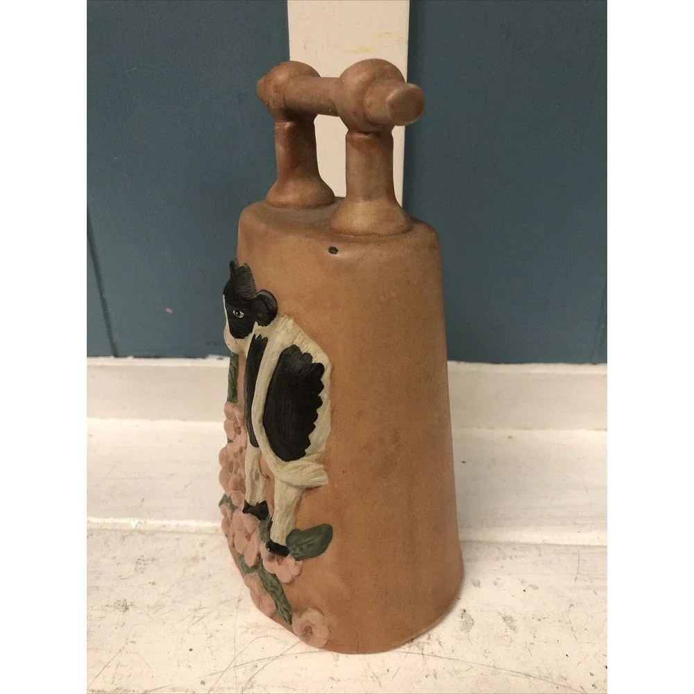 Vintage 3D COW‎ In Floral Pasture Pottery 7” Bell Wind Chime Hand Painted